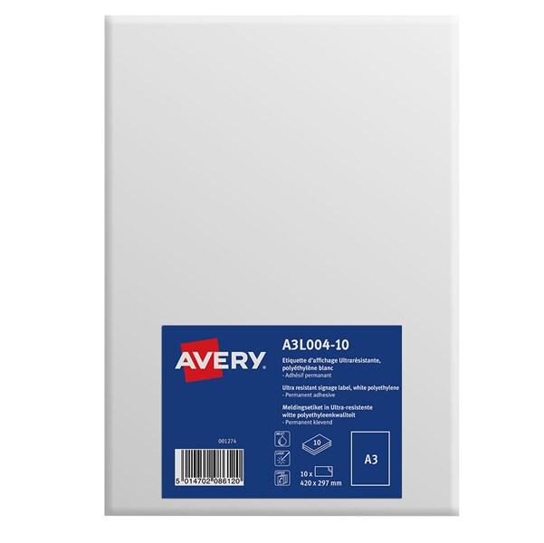 AVERY 10 étiquettes d'affichage enlevables polyéthylène blanc mat, format A3 (10 feuilles / cdt) - A3L004-10_0