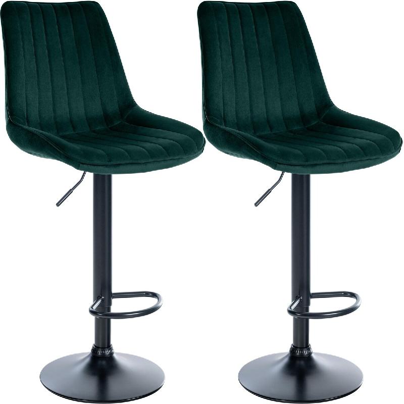 Décoshop26 - Lot de 2 tabourets de bar réglable en hauteur pivotant à 360° assise en velours vert couture verticale pied métal noir 10_0006737 -_0