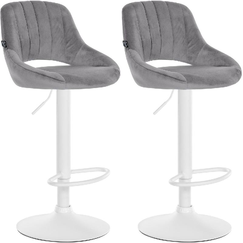 Décoshop26 - Lot de 2 tabourets de bar réglables en velours gris foncé dossier ajouré et pied métal blanc 10_0006264 - blanc métal 3000265477095_0