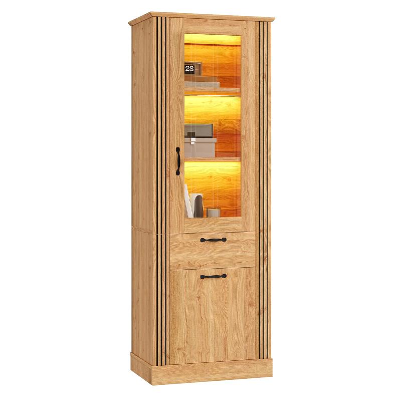 Merax Vitrine LED avec porte miroir, tiroir et poignées en aluminium, 62 x 41 x 180 cm, coloris bois naturel - multi-matériau GL2301N_0