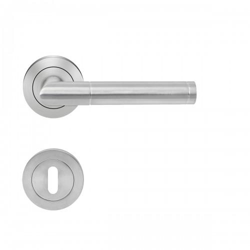 POIGNÉES DE PORTE SUR ROSACES RONDES ER 34 RIO STEEL - INOX SATINÉ -CLÉ L KARCHER DESIGN