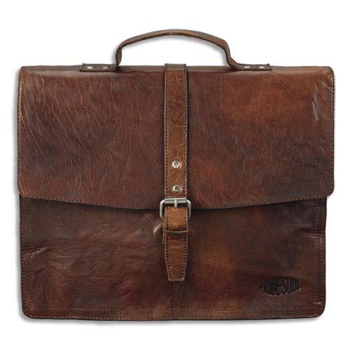 SERVIETTE JAYDEN 2 COMPARTIMENTS + 2 POCHES MARRON EN CUIR - DIM. L36,5 X H30 X P7,5 CM