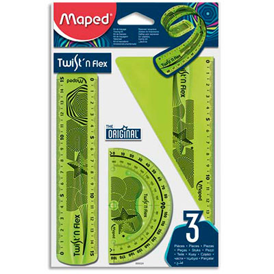 KIT DE TRAÇAGE MAPED TWIST 'N FLEX EN PLASTIQUE SOUPLE - 1 REGLE 15 CM, 1 EQUERRE 60°, 1 RAPPORTEUR - COLORIS ASSORTIS