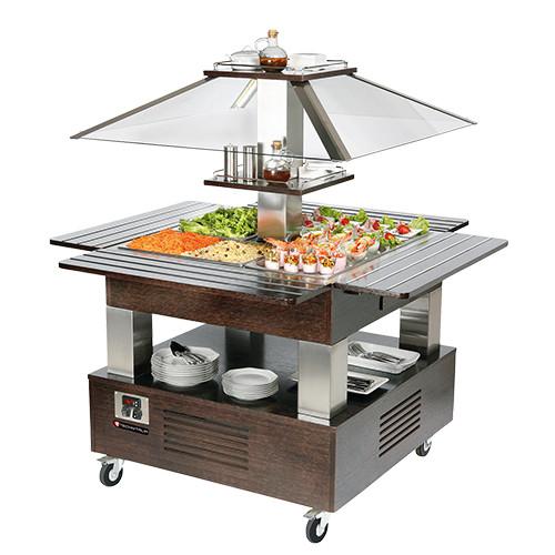 Salade bar carré chauffant - 4 bacs GN 1/1 - structure bois avec pare-haleine en verre trempé et éclairage LED_0