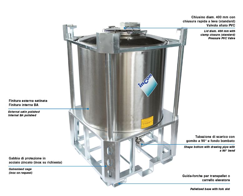 Standard ph - réservoir de stockage industriel - incon - fond bombé avec bride centrale et tuyau avec une coude à 90°_0