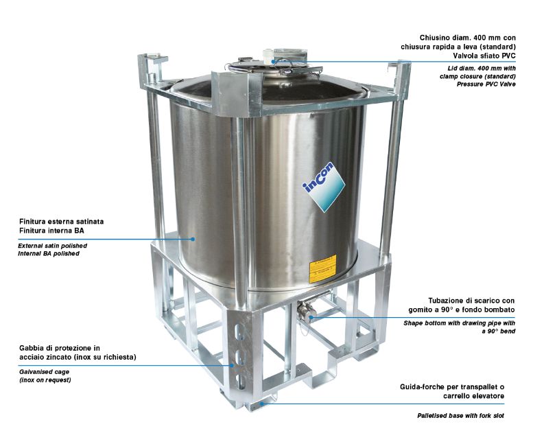 Standard ph - réservoir de stockage industriel - inox - fond bombé avec bride centrale et tuyau à 90° - cage acier galvanisé_0