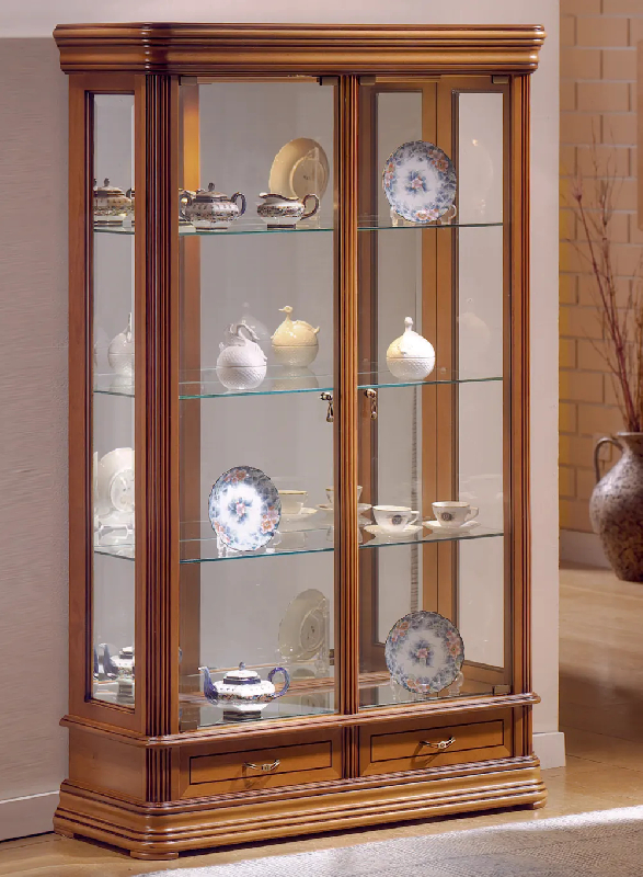 Vitrine en bois DV76VA - merisier - 3 tablettes réglables et fond miroir_0