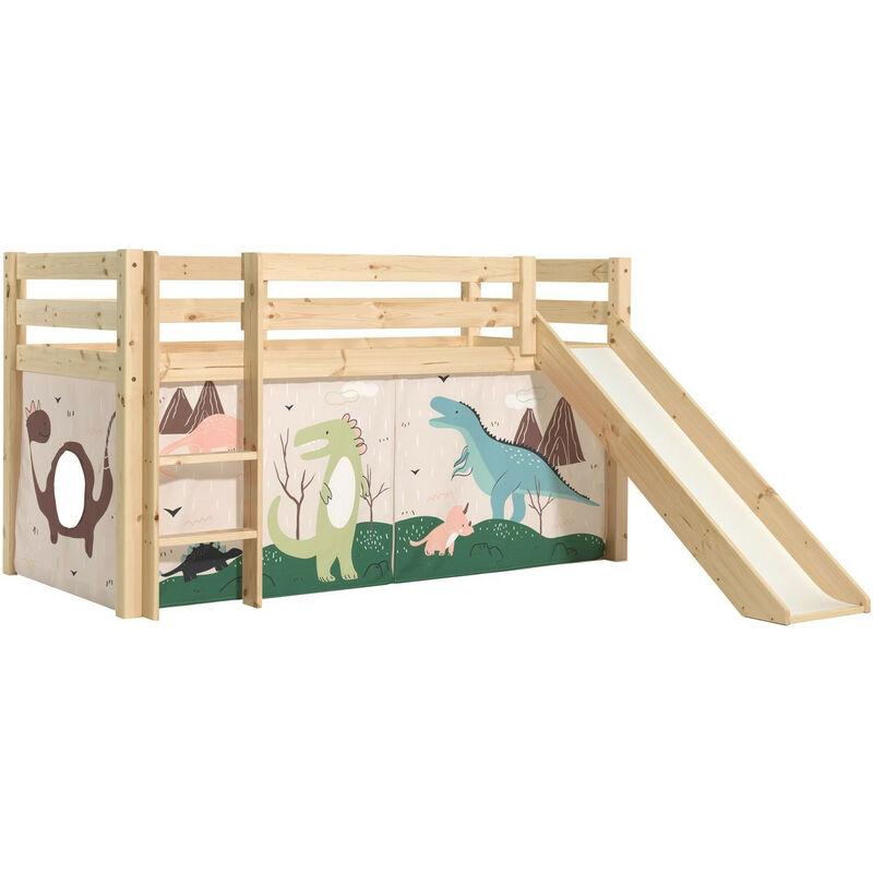 LIT TOBOGGAN 90X200 CM AVEC TENTE DINOSAURE PIN MASSIF CLAIR PINO