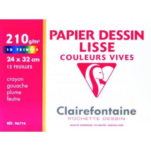 Clairefontaine Lot de 10 Pochette de 12 feuilles de papier à dessin lisse, 210 g/m², 24x32, coloris assortis vifs - 3329680967746_0