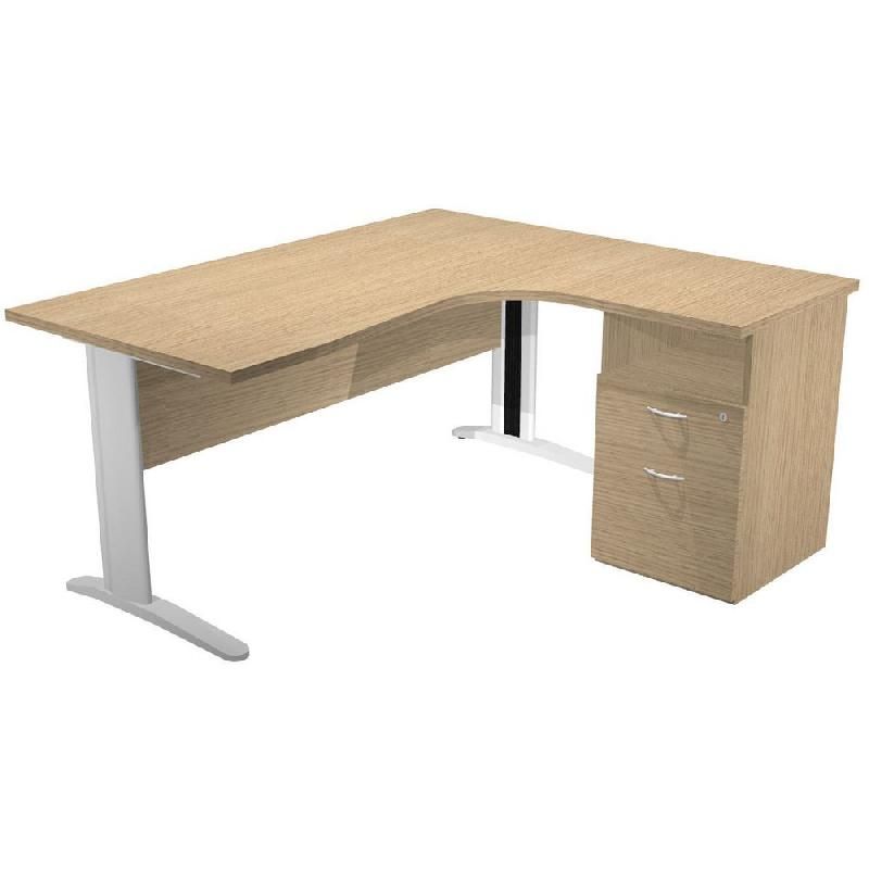 PACK PRONTO PRESTIGE : 1 BUREAU COMPACT RETOUR À DROITE CHÊNE PIEDS BLANC + 1 CAISSON HAUTEUR BUREAU PROF. 60 CM