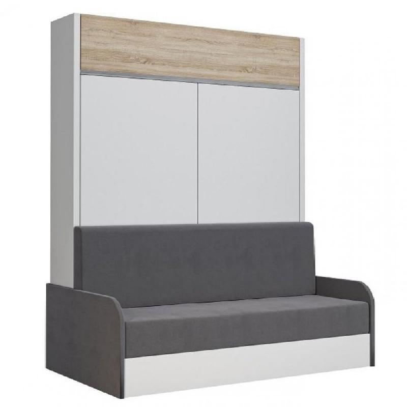 Armoire lit escamotable ALADYNO SOFA - blanc bandeau chêne - canapé gris - couchage 160x200 cm_0