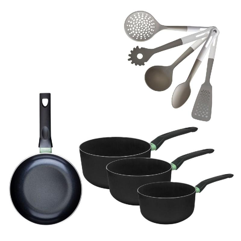 Lot Poêle 20cm & 3 Casseroles 16/18/20cm sans PFAS Fackelmann Brandao avec 5 ustensiles - noir aluminium 3176239922110_0