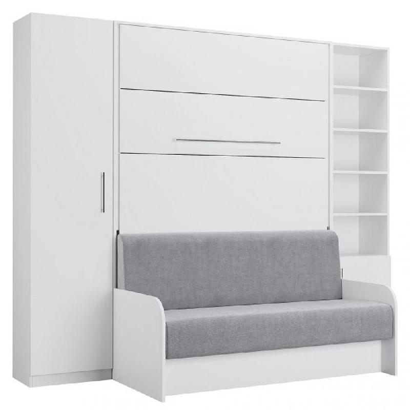 Composition lit escamotable blanc mat Sofa Automatica - canapé microfibre gris avec 2 colonnes et rangement intégré_0