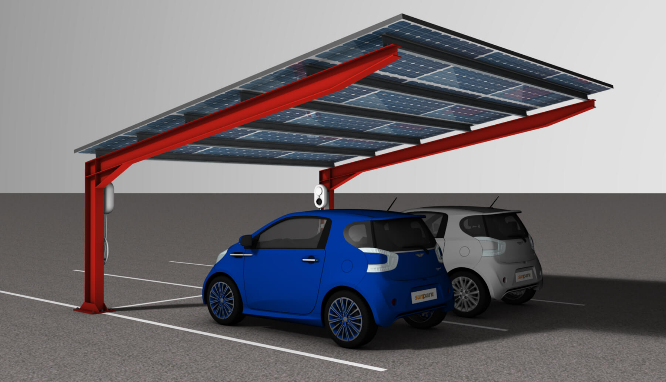 Ombrière photovolttaïque en acier adaptable à tous types de parkings - Toiture pente vers le ciel ou vers le sol - SunPark M1 A & M1 B_0