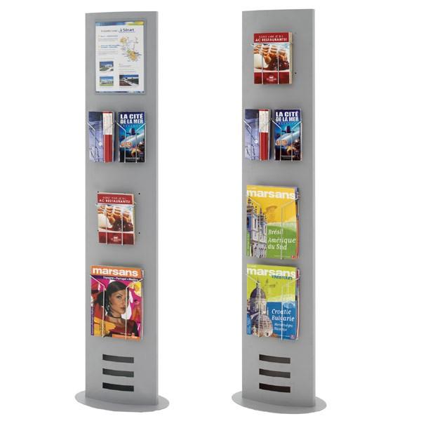 Porte-brochures - Totem d'exposition multifonctions recto verso - H165 cm - L31 cm - Métallique laqué époxy gris-alu_0
