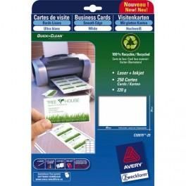 AVERY POCHETTE DE 250 CARTES DE VISITE 85X54MM 100% RECYCLÉ 220G QUICK&CLEAN LASER COULEUR ET MONOCHROME