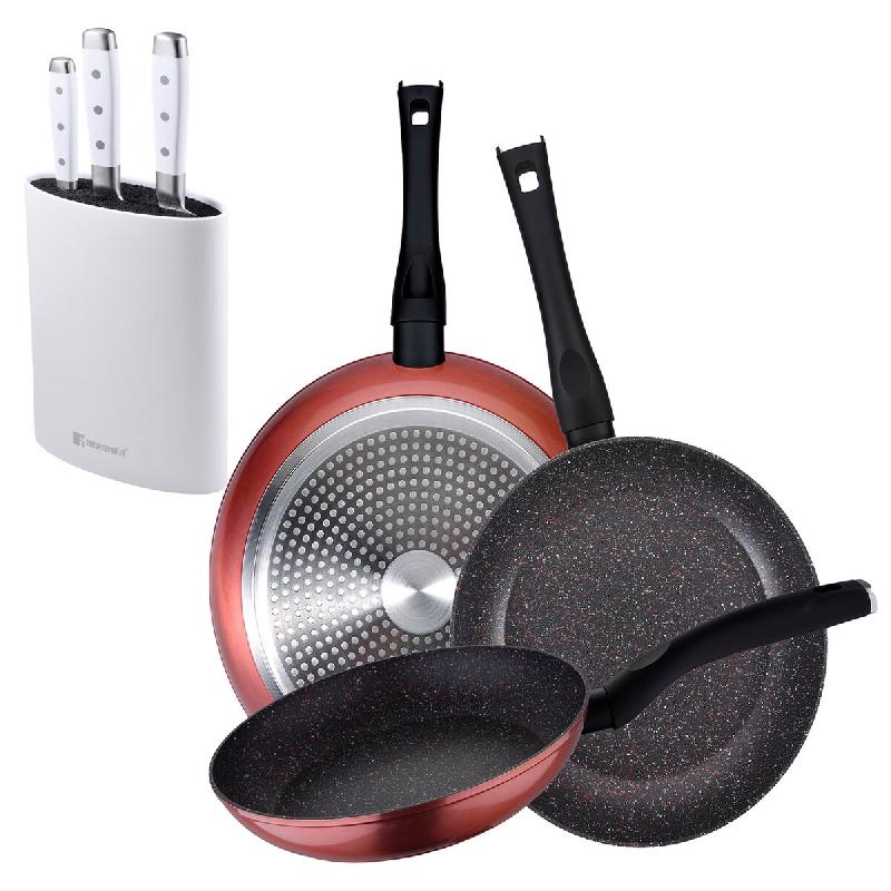 BERGNER - Jeu de 3 Poêles Venus Ø20/24/28 cm en Aluminium Forgé Compatibles Induction avec Jeu de 3 Couteaux en Acier Inoxydable avec Bloc de Coute_0