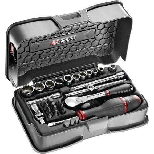 FACOM 1 COFFRET DOUILLES 1/4 POUCES 12 PANS MÉTRIQUES ET EMBOUTS - 31 PIÈCES FACOM