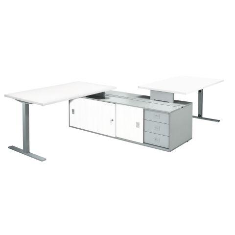 PÔLE 2 BUREAUX OPTYMA AVEC RETOUR SUR CONSOLE CENTRALE ET 2 CAISSONS INTÉGRÉS PLATEAU BLANC PIÈTEMENT T MÉTAL ALUMINIUM