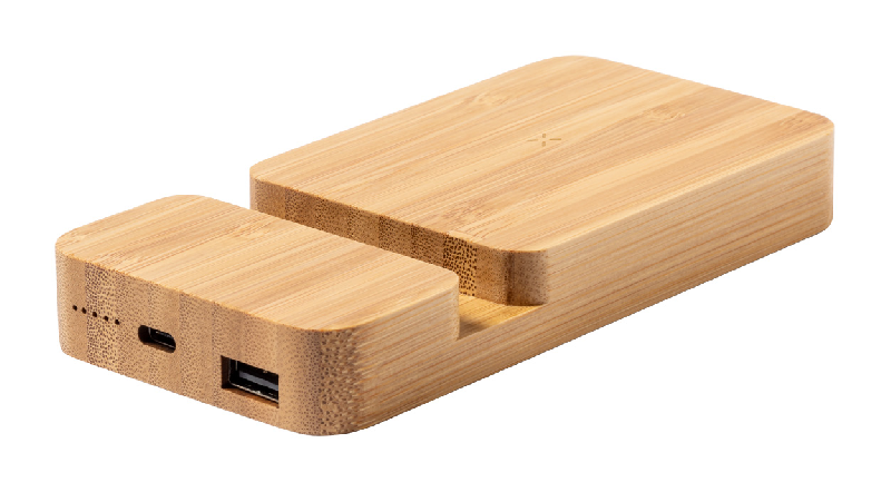 Power bank en bambou - Batterie 5000 mAh - Chargeur rapide sans fil 15W - Support mobile intégré_0