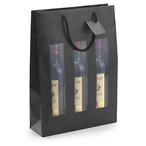 SAC KRAFT NOIR À FENÊTRE ET POIGNÉES CORDELIÈRES POUR 3 BOUTEILLES 27 X 38 X 9 CM