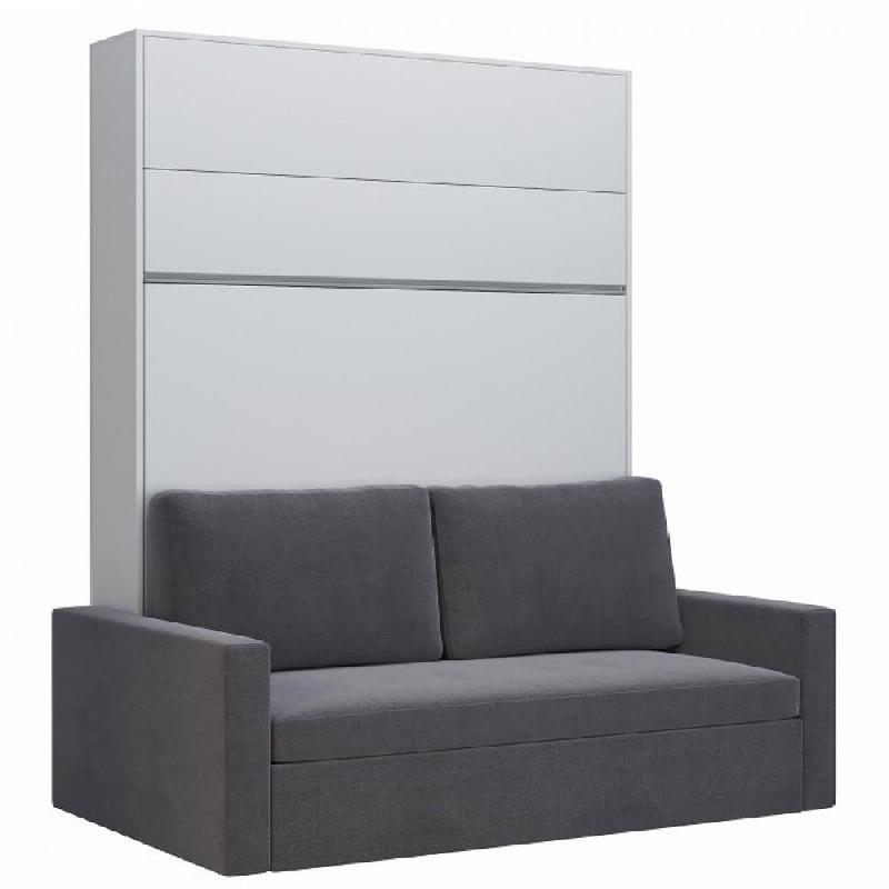 ARMOIRE LIT ESCAMOTABLE DJUKE  SOFA BLANC BANDEAU BLANC MAT CANAPÉ GRIS 160*200 CM_0