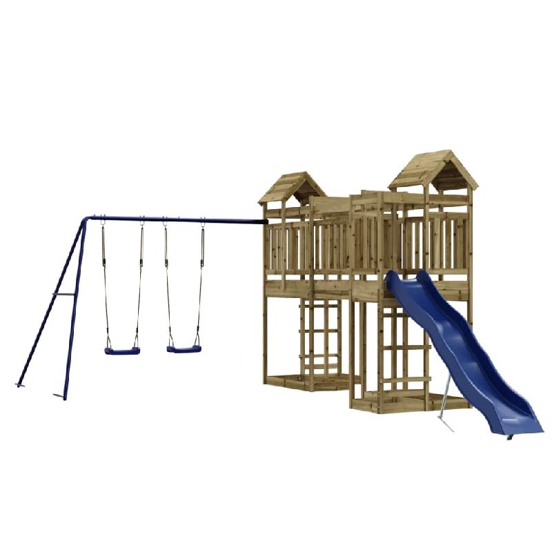 Aire de jeux d'extérieur en bois de pin imprégné - balançoires, toboggan ondulé, portiques robustes - 362 x 585 x 238 cm - Réf. 02_0004869_0