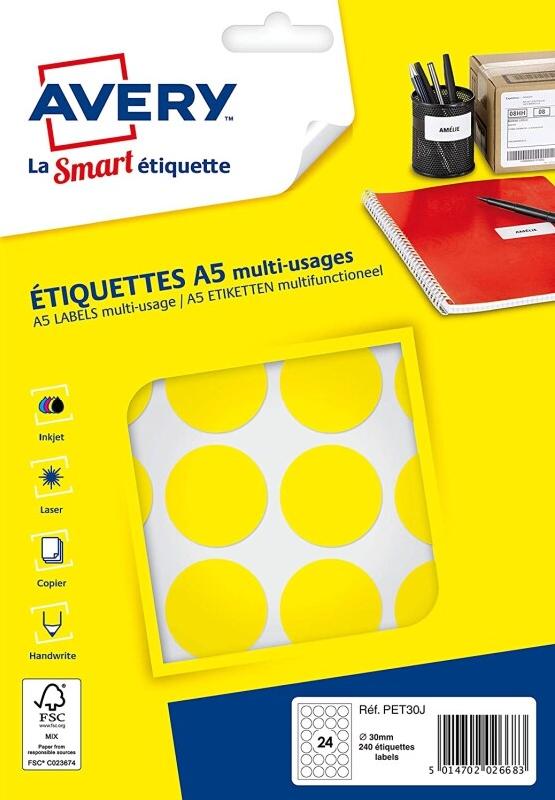 AVERY Lot de 5 Etui de 240 pastilles adhésives, diamètre 30 mm, coloris jaune (10 feuilles / cdt) - jaune 5014702026683_0