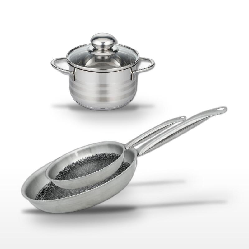 Batterie de cuisine avec 2 poêles 24/28 cm et 1 faitout 14 cm en inox sans PFAS Elo Collection Relief Solution Brillant - gris 3176239940855_0