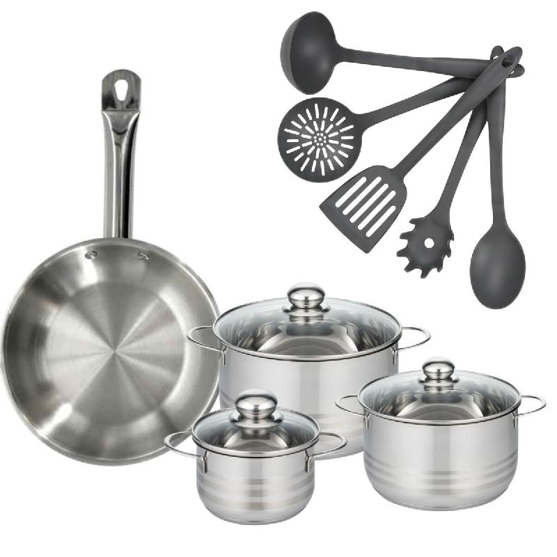 Batterie de cuisine avec 3 faitouts 16/20/24 cm et 1 poêle 28 cm avec 5 ustensiles de cuisine sans PFAS Fackelmann Etherna Brillant Clip - gris inox_0
