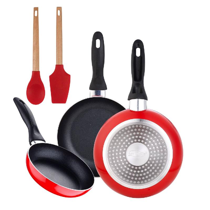BERGNER - Jeu de 3 Poêles Ø16/Ø20/Ø24cm en Aluminium Pressé Compatible Induction Navy Red avec Jeu de 2 Ustensiles de Cuisine EXCALIBUR - alumini_0