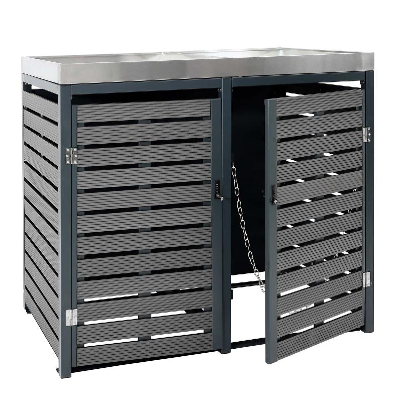 Décoshop26 - Cache-poubelles double avec bac à plantes 124 x 134 x 84 cm WPC / acier inoxydable anthracite 04_0005718 - inox 3000252984070_0