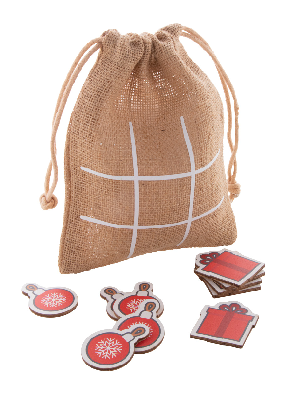 Jeu de morpions de Noël en contreplaqué de bouleau - avec boules de Noël, 10 jetons et pochette en jute_0