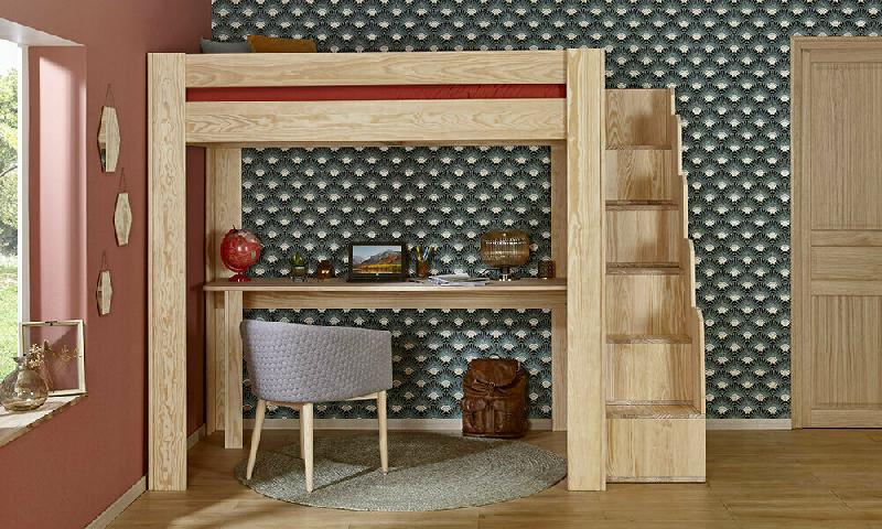 LIT MEZZANINE ESCALIER 2 PLACES PAROS  BOIS NATUREL 120X190 CM