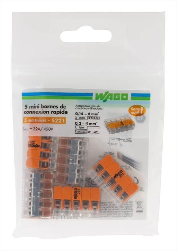 Lot de 5 bornes automatiques à levier WAGO S221 - Rigide et souple jusqu'à 2,5 mm²_0