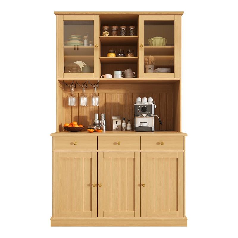 Merax Buffet haut 120 x 40 x 191 cm, vitrine à portes vitrées, espace bar, porte-verres, prises, USB-A et USB-C, bois naturel - Bois manufacturé N6_0