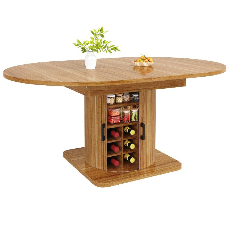 Merax table à manger extensible 118-158 cm, ronde avec rangement, porte-bouteilles et étagères, décor chêne foncé - Bois manufacturé N620CZ260501D_0
