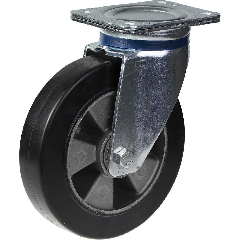 Roulette pivotante de 200 mm en caoutchouc élastique noir sur roue centrale en aluminium_0
