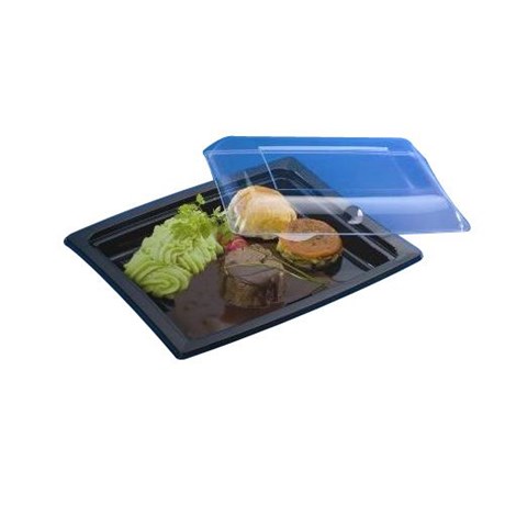 ASSIETTE PLASTIQUE JETABLE RECTANGULAIRE NOIR + COUVERCLE 600 CC (VENDU PAR 20)