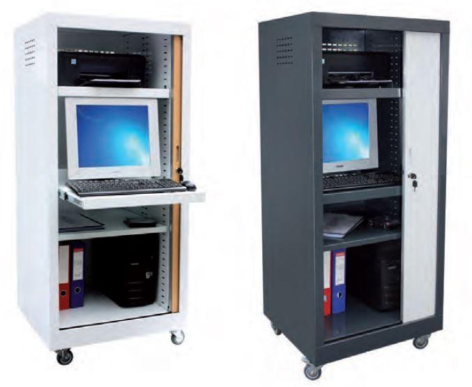 Meuble informatique en métal pour école - rangement avec rideau PVC et roulettes - 155x68x58 cm_0