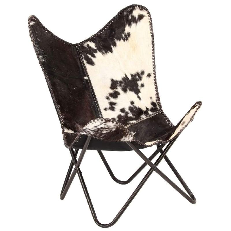 Fauteuil lounge design vintage - cuir véritable de chèvre noir et blanc - forme papillon - 1102144/3_0