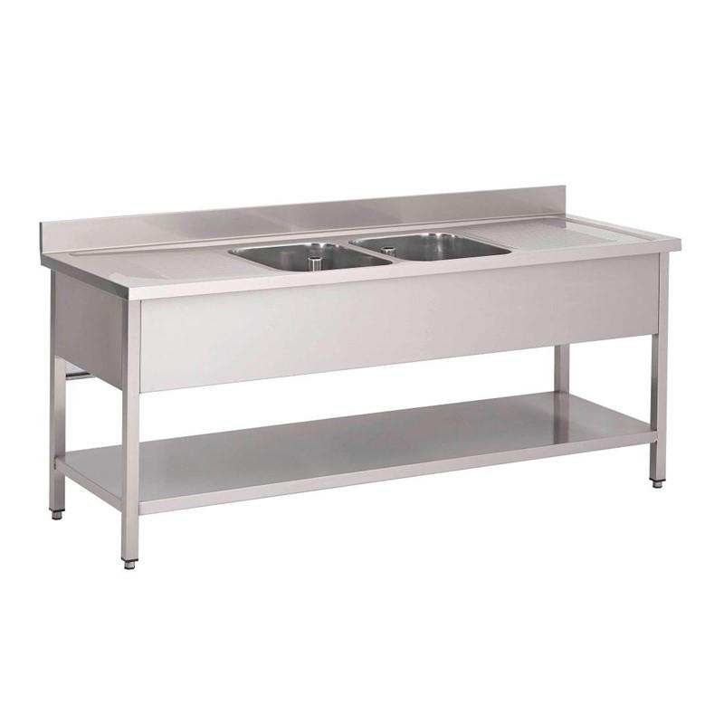 Plonge inox avec étagère basse 2 bacs au centre 2000 x 700 x 850mm - GN204_0