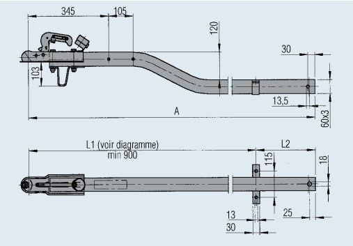 200 351 09 - Timon pour remorque coudé carré non freiné - Dexko Global - Version A1 côté A 2810 mm - PTAC 750 kg_1