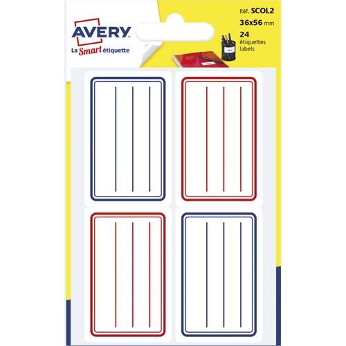 Avery sachet de 24 étiquettes scolaires lignées bleu et rouge 36 x 56 mm._0
