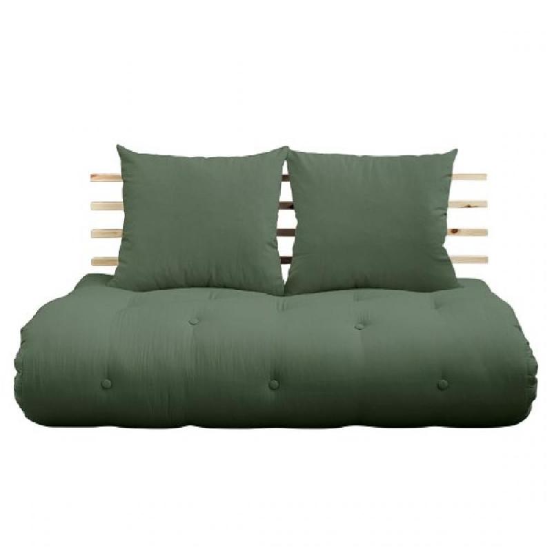 Canapé lit futon Shin Sano vert olive en pin massif - Couchage 140x200 cm avec matelas épais et 2 coussins inclus_0