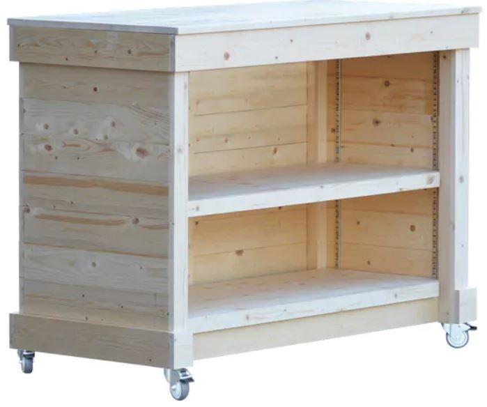 Comptoir de caisse en bois - pin naturel d'origine France - 1235 mm x 600 mm x 950 mm - roulettes avec frein_0