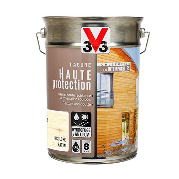 LASURE BOIS EXTÉRIEUR V33 - RÉSINE HAUTE PROTECTION INCOLORE - FINITION ASPECT SATIN - POT 5 LITRES