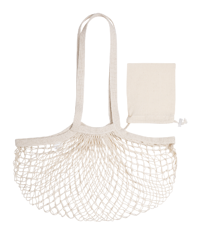 Sac shopping pliable en maille 100% coton - avec anses longues et pochette pliante à cordes - couleur beige_0