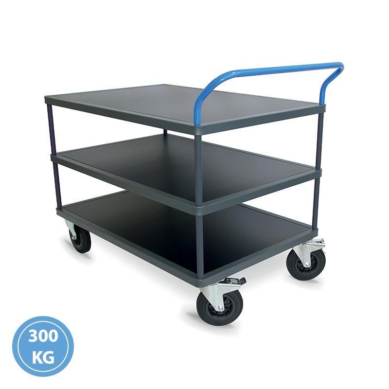 Servante 3 plateaux bois - 300 et 500 kg Format : 1000 x 700 - Charge 300 kg (poignée bleue)_0