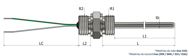 Thermocouple à visser - Raccord fixe avec fils libres (Type 3) - Type K, N, J, T, E, R, S, B - Classe 1 et 2_0